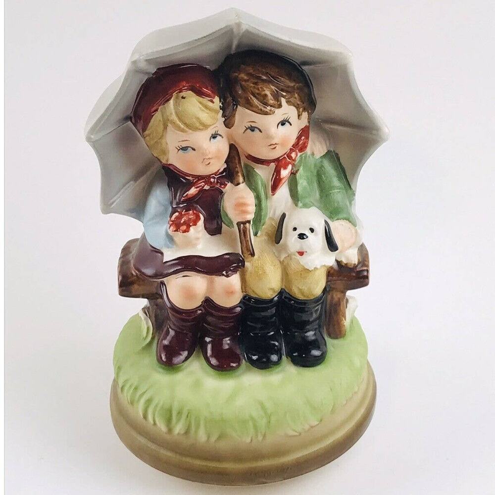 Musical Box Figure - Boy Girl Umbrella Log Dog "Raindrops Falling" Hummel Style